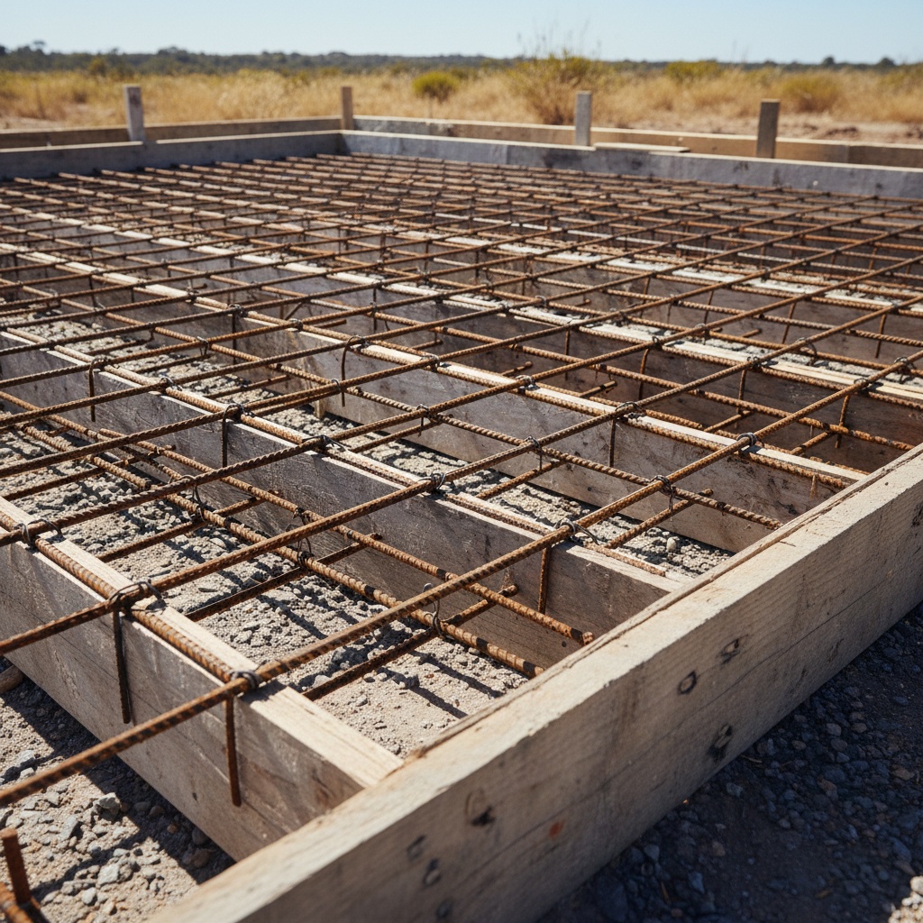 Timber formwork and an orderly grid of steel reinforcement mesh before a pour