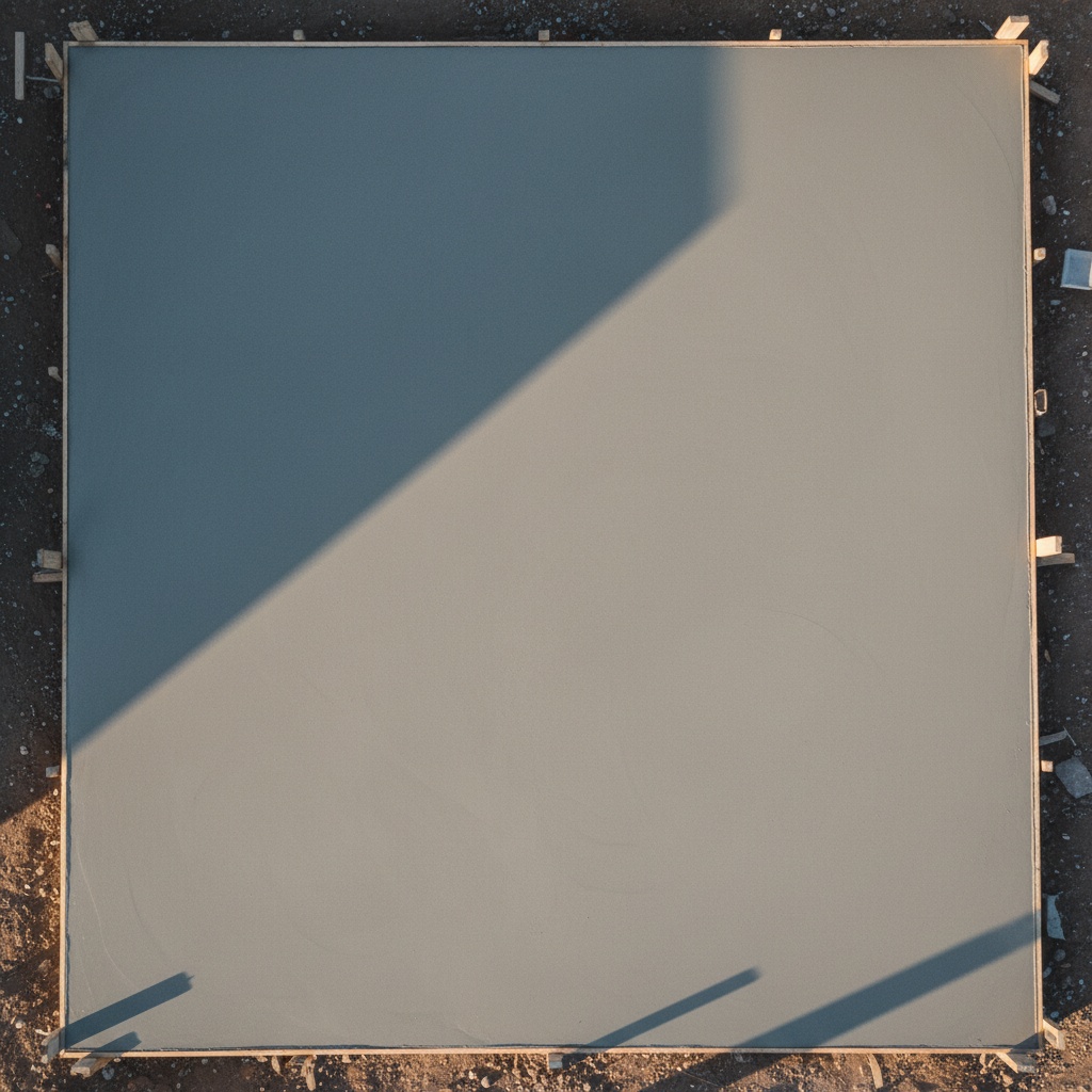 A freshly power-floated concrete slab shot from directly above, flat and pale with a crisp formwork edge