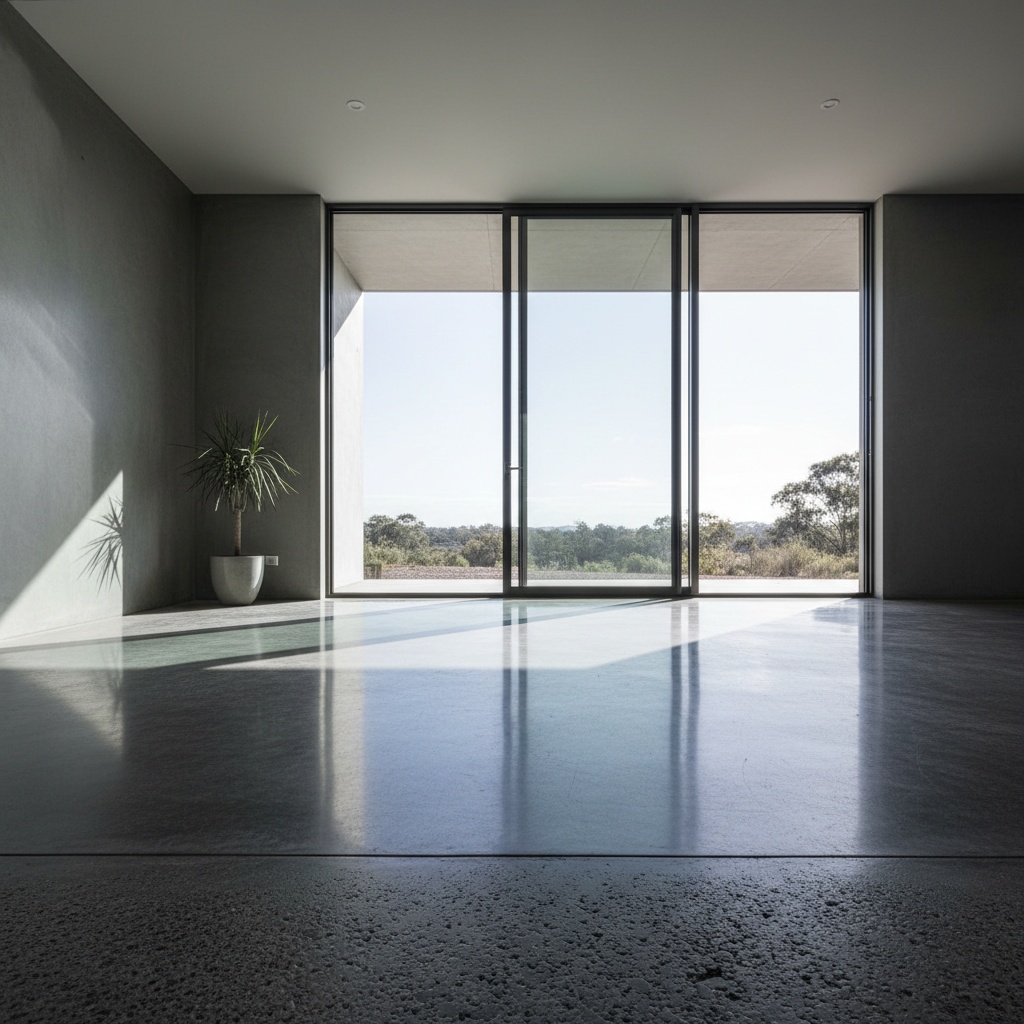 A polished concrete floor with a mirror finish reflecting a full-height window
