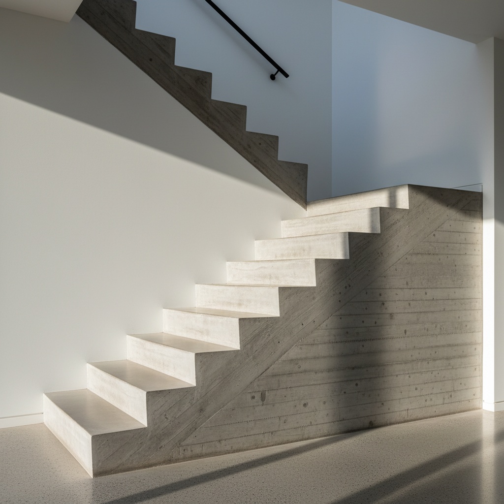 A cast in-situ concrete stair with board-formed texture and raking light down the treads